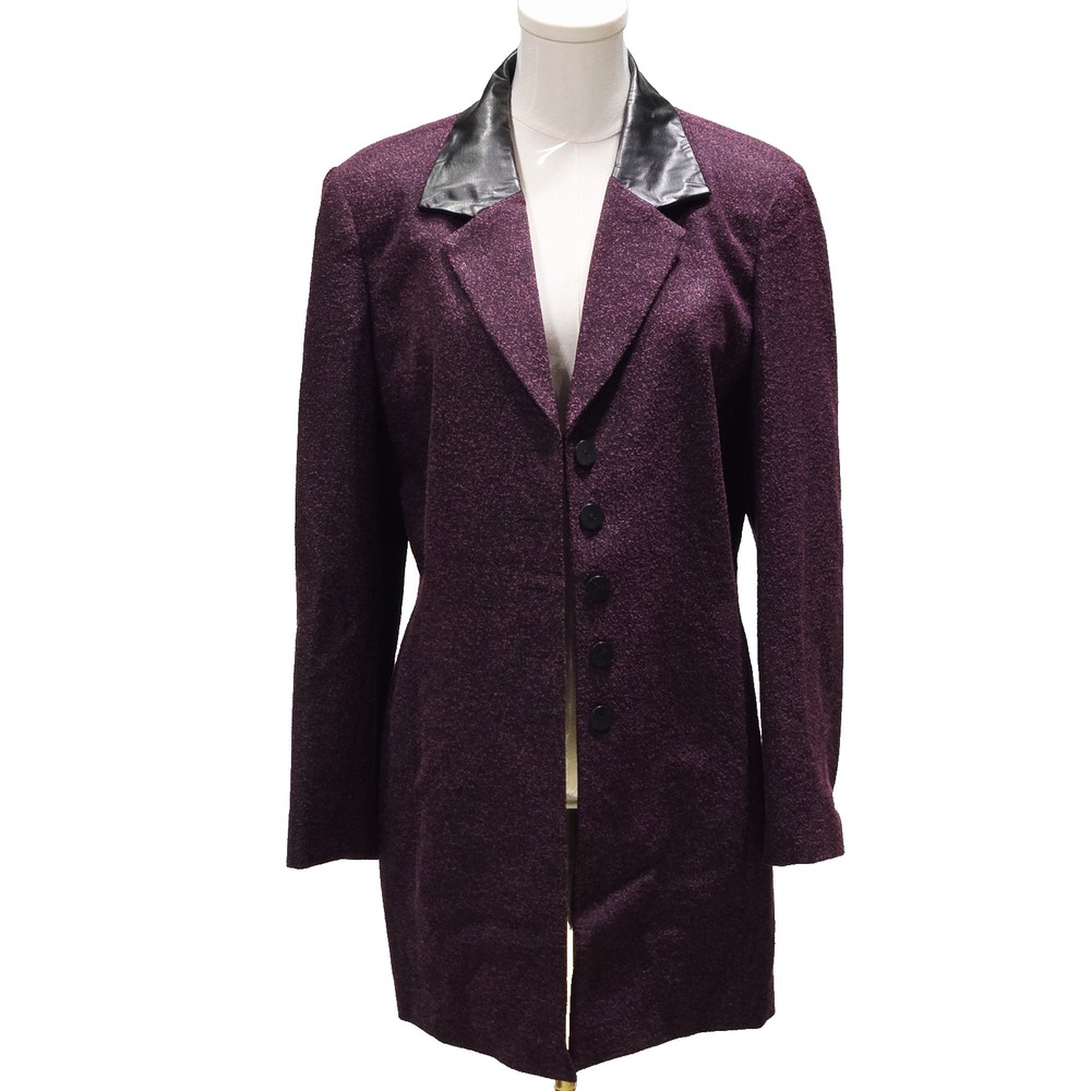 Mary McFadden Jacket Size 10 Womens Blazer Tweed Red Black Leather Collar Lined